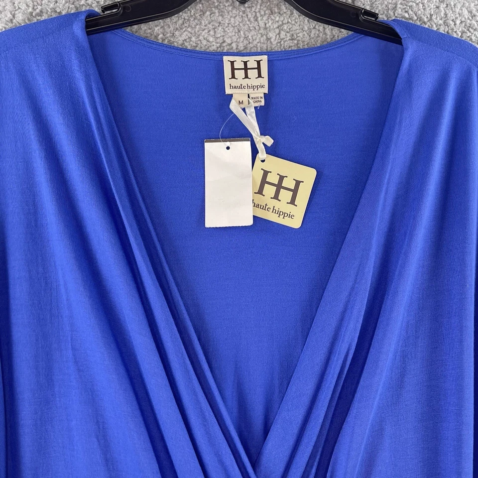 Vestido para mujer HH Haute Hippie mediano azul sobrepelliz jersey funda lado acanalado Foto 2 de 4