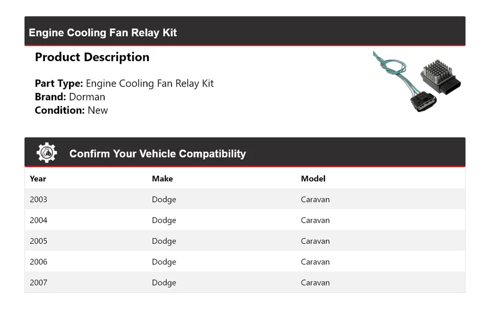 Kit de relé de ventilador de refrigeración del motor Dodge Caravan Dorman 2003-2007 2004 2005 2006 Foto 2 de 4