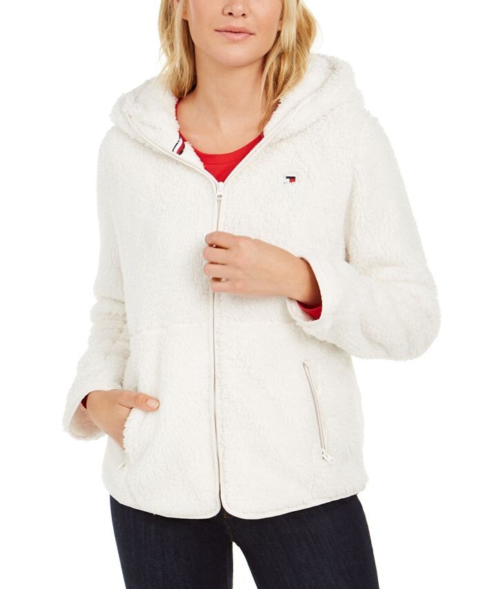 Tommy Hilfiger Hooded Sherpa Fleece Jacket in Red Blue Cream Size Small
