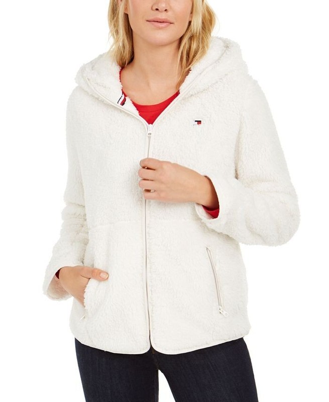Tommy Hilfiger Hooded Faux Sherpa Fleece Jacket Red/Blue/Cream sz SM