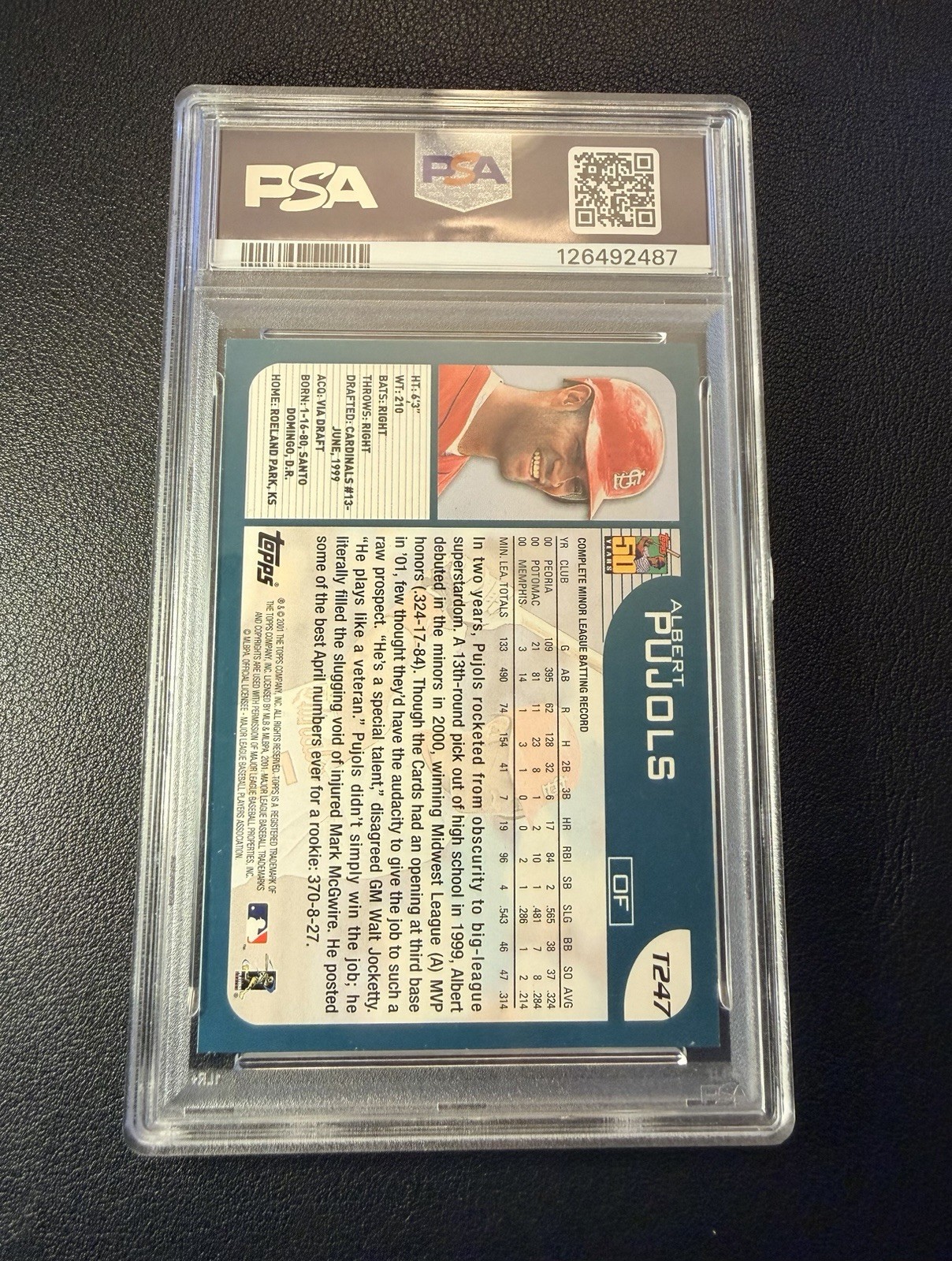 Topps 2001 Traded & Rookies Albert Pujols Cardinals #T247 RC Base PSA 9 view 2