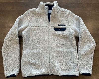 Columbia Womens Sherpa Full Zip Up Fleece Jacket Size M Beige Navy Flap Pocket