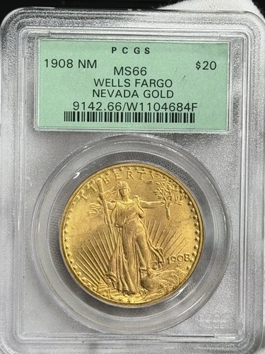 1908-P $20 Saint Gaudens Gold Eagle PCGS MS66 OGH No Motto Wells Fargo PRE33