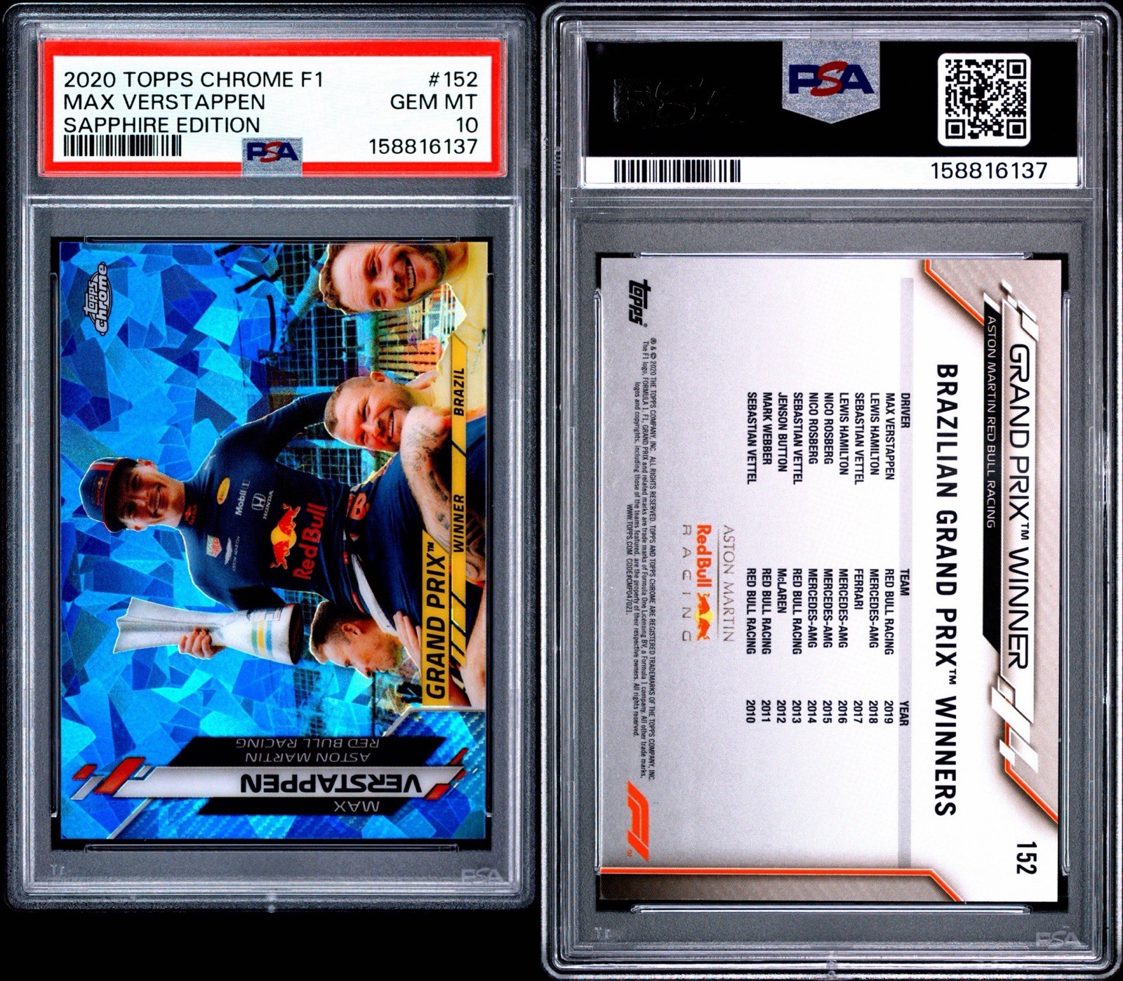 Max Verstappen 2020 Topps Chrome F1 Sapphire Edition #152 PSA 10 GEM MT RC view 3