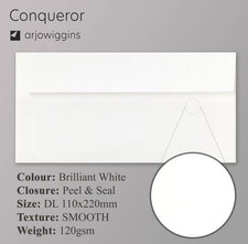 Conqueror Brilliant Białe koperty Premium 120gsm GŁADKIE skórka i uszczelka 110x220 DL