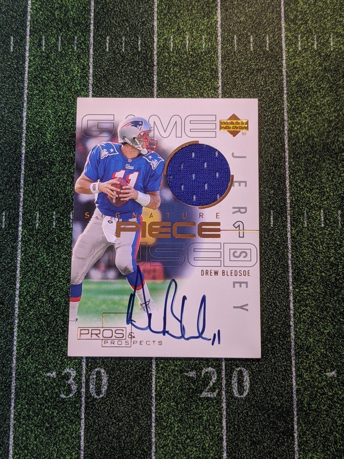 Drew Bledsoe Autographed Signed New England Patriots 2000 Pros Prospects Piece AUTO Game Used Patriots 