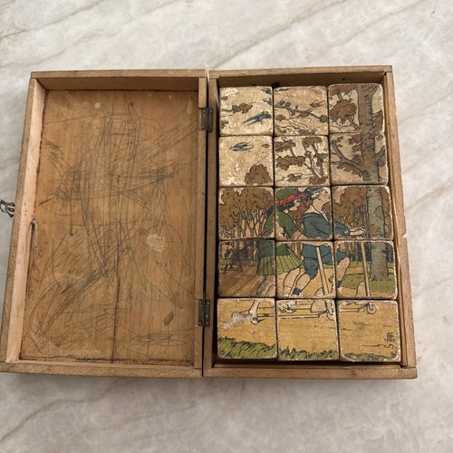 Antique German Wooden Picture Block Puzzle in Hinged Wooden Box