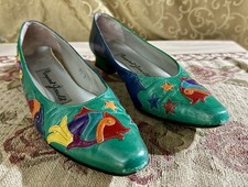 Vintage Margaret Jerrold Shoes Leather Kitten Heel Colorful Fish Green Size 6.5