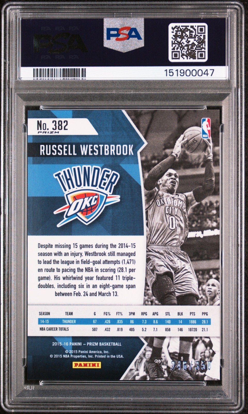 2015 PANINI PRIZM RUBY WAVE PRIZM #382 RUSSELL WESTBROOK 246/350 PSA 10 view 2