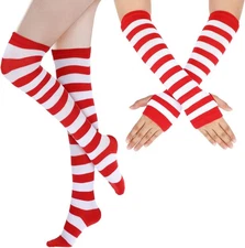 Red and White Striped Socks and Gloves, Red and White Striped High Knee Socks In