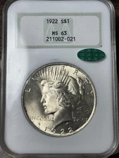 1922 $1 NGC MS-63 CAC Old Fatty Holder Peace Silver Dollar