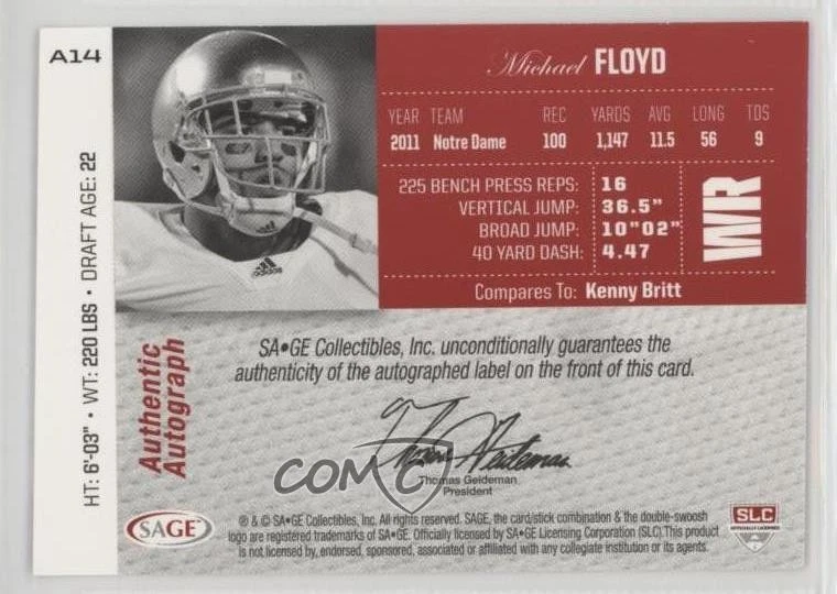 2012 SAGE Auto Auto Gold /100 Michael Floyd #A14 Rookie Auto RC - Image 2 of 2