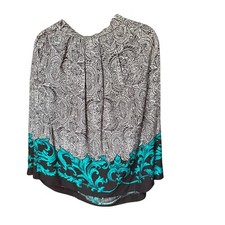 Koret Vintage Paisley Blouse Turquoise Scroll Border Rayon Top Size 8 USA Made