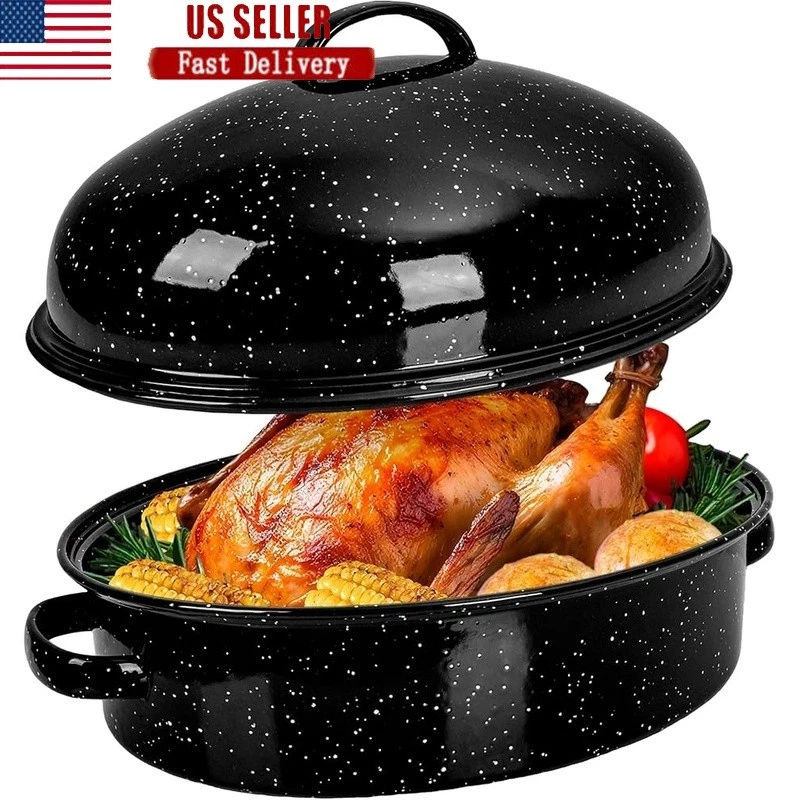 Enamel Roasting Pan W/ Rack Lid Nonstick Oven Safe Basting Brush Large Capacity
