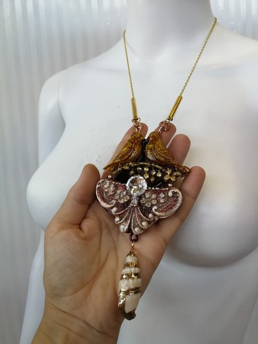 Jewelry Necklace Pendant Belle Epoque Art Deco Nouveau Bird Shell Crystal Charm - Picture 15 of 24