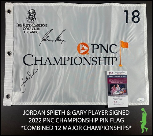 JORDAN SPIETH & GARY PLAYER AUTOGRAPHED PNC CHAMPIONSHIP PIN FLAG JSA COA
