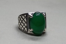 Natural Green Agate 925 Sterling Silver Handmade Mens Ring Yemeni Aqeeq Ring