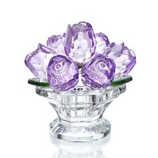 Handcraft Crystal Purple Rose Flower Figurine with Crystal Base, Glass Rose F...
