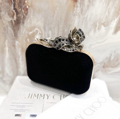 Rare Jimmy Choo Flower Embellished Crystal Velvet Mini Cloud Clutch Bag