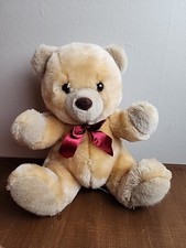 Tan Teddy Bear Plush Stuffed Animal w Red Bow 10 inches sitting