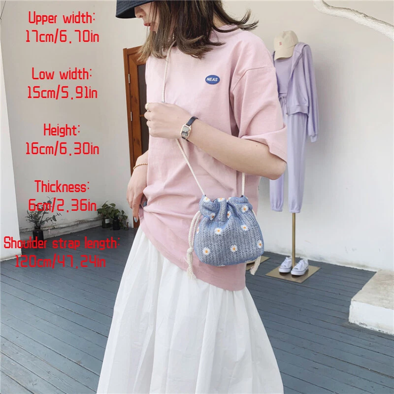 Women Straw Shoulder Bucket Bag Floral Embroidery Woven Tote Handbag Crossbody - Image 4 of 4