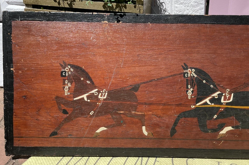 Antiguo arte popular caballo buggy pintura panel madera americana siglo XIX signo primitivo Foto 3 de 4