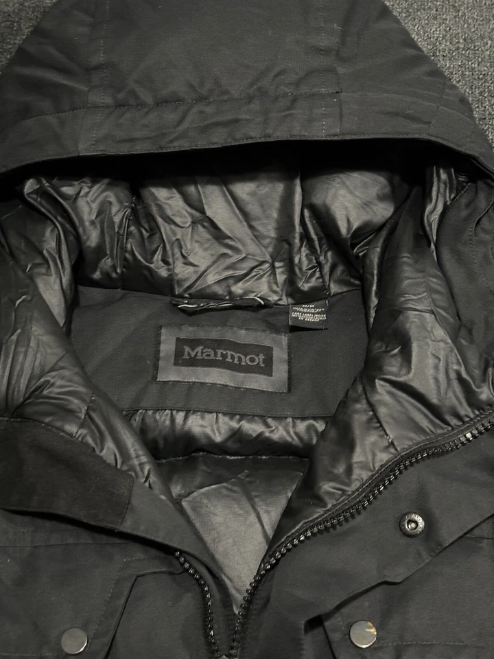 Marmot Jacket Mens Medium Black Goose Down Parka Puffer Field Thunder Bay Hood - Image 3 of 4