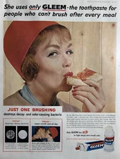 1958 Gleem Toothpaste Brush Meal Destroys Decay Bacteria Odor VTG Print Ad