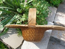 Antique Chinese Basket Hand Woven Willow w/ Elmwood(?)Handle 27" L, 14" W, 14" H