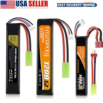 11.1V Airsoft Battery LiPo 2000mAh Rechargeable Hobby w/ Mini Tamiya Connector
