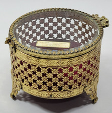 VTG Round Beveled Glass Lid Gold Tone Filigree Jewelry/Trinket Box