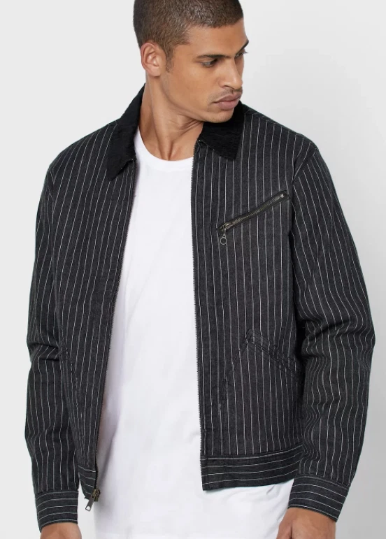 HUF Mens Black Beuh Striped Denim Full Zip Jacket Large BNWT