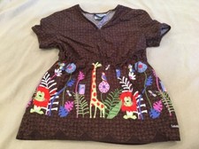 Landau Scrub Top Xs Brown With Zoo Animals