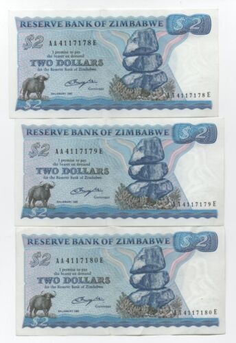 ZIMBABWE 3 X 2 DOLLARS 1980 PICK 1 A CONSECUTIVE NUMBERS LOOK SCANS