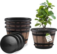12" Whiskey Barrel Planters,4-Pack w/Drainage,Saucer,Brown