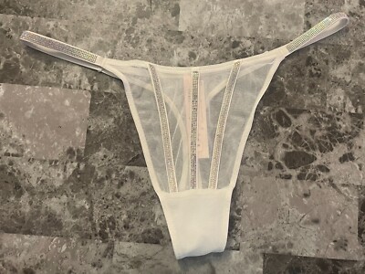NWT VICTORIA'S SECRET COCONUT WHITE MESH RHINESTONE SHINE STRAP THONG PANTIES
