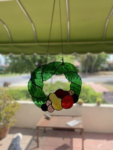 Vintage Stained Glass Window Panel Hanging Leaded 11 Inch Diam