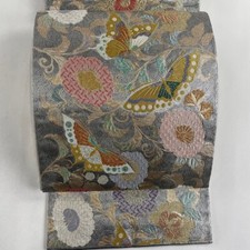 Woman Japanese Kimono Fukuroobi Silk Flower Butterfly Arabesque Geometric Silver