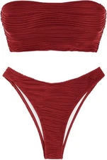 NEW ZAFUL Women's Strapless Textured Bandeau Bikini 2 Piece Swimwear Cheeky L