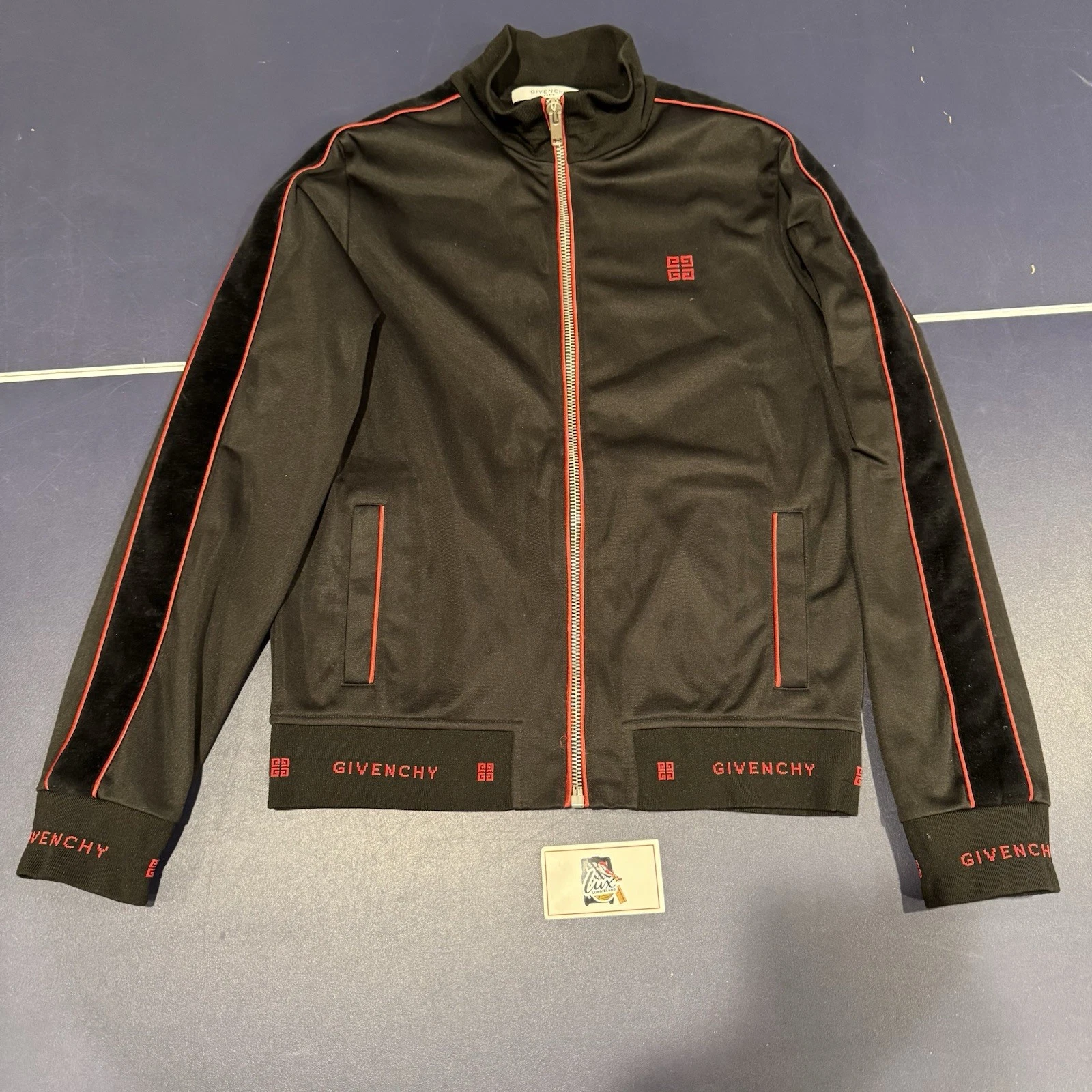 AUTENTICO Givenchy Uomo Taglia Small 4G Logo Track Jacket Velluto Rosso Nero Monogram