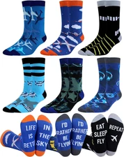 6 Pairs Novelty Airplane Socks for Men Funny Pilot Gifts Airplane Crew Socks Gif