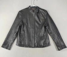 Dona Michi Jacket Womens Medium Black Leather Moto Zip Front Stand Collar Lined