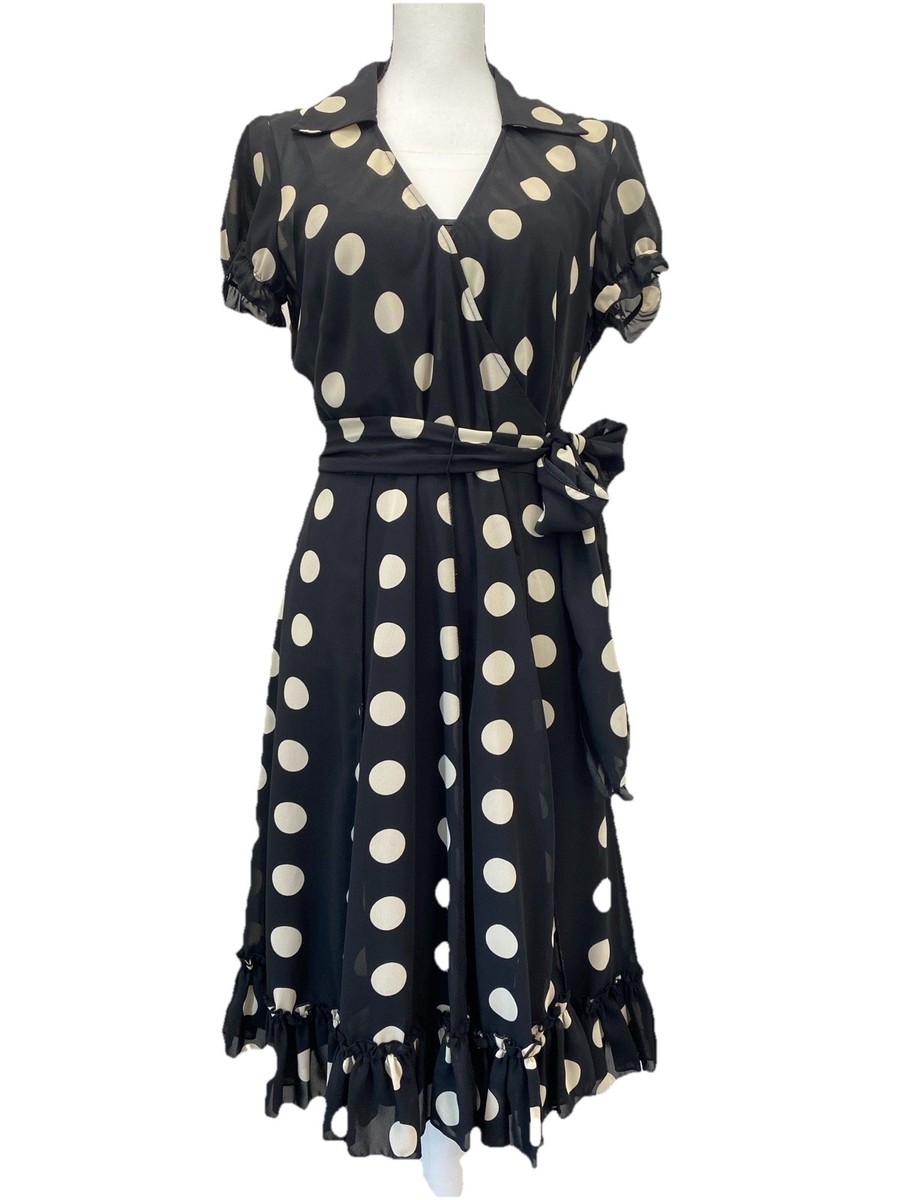 polka dot flowy dress Khaki Polka Dot Surplice V Neck Tied Waist Flutter Sleeve Flowy Plus S –  HannaBanna Clothing main image 1