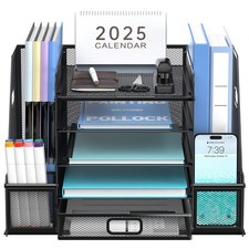 SUPEASY Mesh Desk Organizer with File Holder, 5-Tier Paper With drawer, Black 