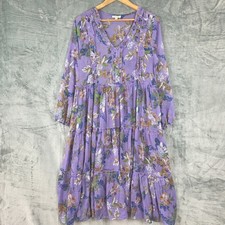 Womens Dress Medium Purple Boho Chic Floral Midi Tiered Peasant Prairie Feminine