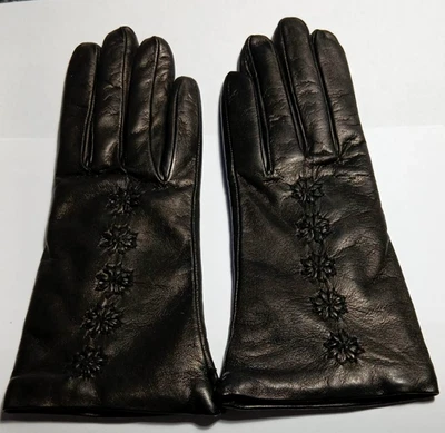 ✅ Gants Féminin Taille 6 ½ Cuir Noir avec Broderie Fleurs Et Interne Cachemire - Photo 1/4