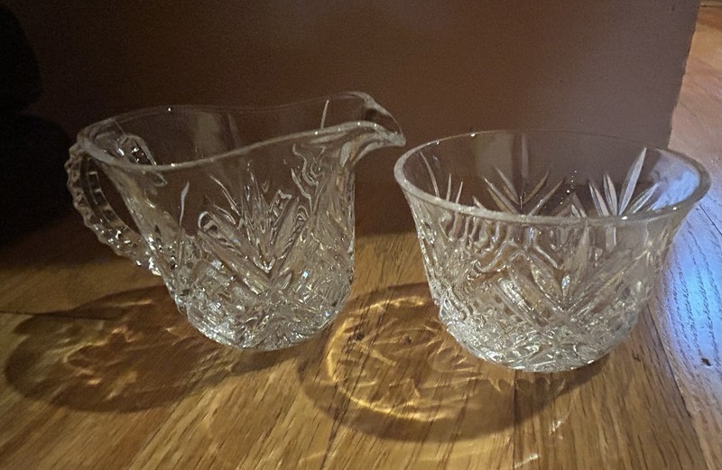 VINTAGE ETCHED GLASS CREAMER AND SUGAR SET 