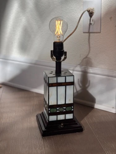 Vintage Tiffany Style Stained Glass Table Lamp Base Art Deco Green Inlay