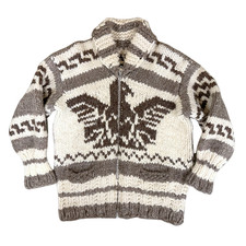 Vintage 1950s Cowichan Brown  Gray Eagle Knit Zip Up Sweater