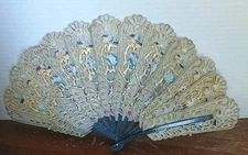 Vintage Indonesian fan of parchment leather Hand Painted Fan Beautiful Colors 